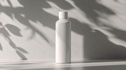 Poster - A minimalist white bottle stands on a surface, casting soft shadows from nearby leaves, creating a serene and modern aesthetic.