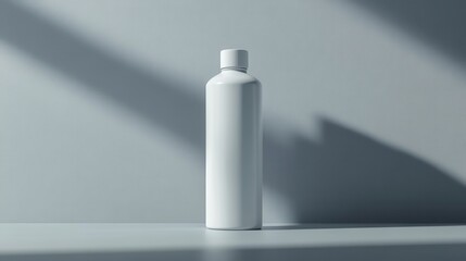 Poster - A sleek, minimalistic white bottle stands against a softly lit gray background, casting subtle shadows and creating a modern aesthetic.
