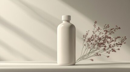 Poster - A minimalistic image featuring a white bottle beside delicate dried flowers, casting soft shadows on a light background.