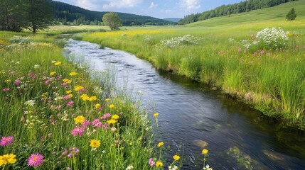 Poster - Serene stream flows through vibrant wildflowers and lush green meadow in a tranquil valley landscape.