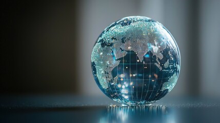 Poster - A glowing, transparent globe depicting a digital map of the world, set against a dark background, emphasizing global connectivity and technology.