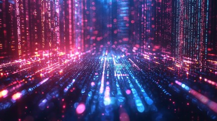 Poster - A vibrant digital landscape filled with glowing lines and dots, creating a futuristic, matrix-like effect.