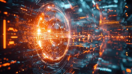 Poster - A futuristic digital landscape with glowing circuits and an orange light core, depicting advanced technology and data flow.