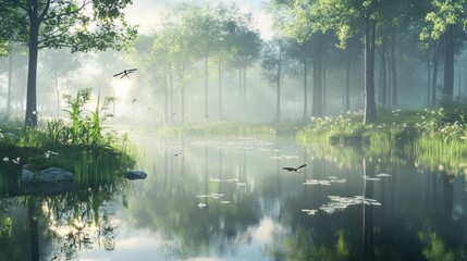 Poster - Serene sunrise over a misty forest lake with birds in flight.