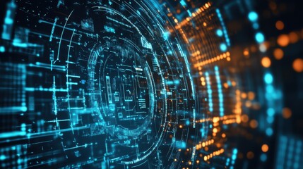 Poster - A vibrant, digital abstract representation, showcasing intricate patterns and glowing elements in blue and orange tones, suggesting technology and data processing.
