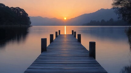 Poster - Serene sunrise over calm lake with wooden pier extending towards sun.