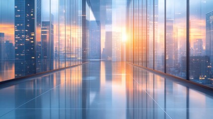 Poster - Modern office interior with large glass windows showcasing a city skyline at sunset, reflecting vibrant colors on polished surfaces.