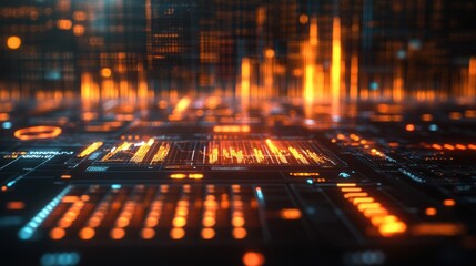 Poster - A vibrant digital landscape with glowing orange circuits and data visualizations, representing technology and innovation.