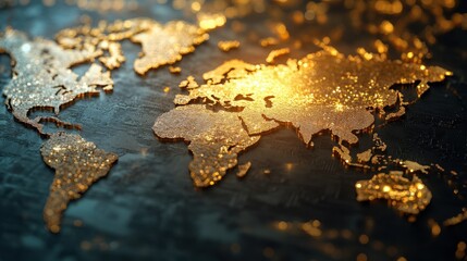 Poster - A shimmering golden world map with a textured background, highlighting continents in a striking visual display.