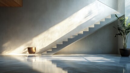 Poster - A serene interior scene featuring minimalist stairs, natural light, and decorative plants, creating an inviting atmosphere.