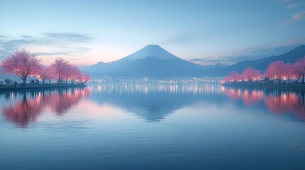 Poster - Serene sunrise over Mount Fuji, reflected in calm lake waters, with blossoming cherry trees lining the shore.