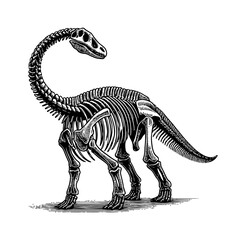 brachiosaurus skeleton engraving in black and white with detailed bone structure and long neck