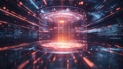 Poster - A futuristic digital tunnel with glowing circular patterns and vibrant colors, suggesting advanced technology and data flow.