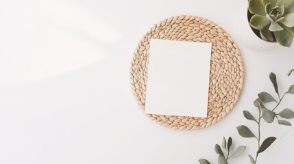Poster - A minimalistic arrangement featuring a blank sheet on a woven placemat alongside a potted plant, creating a serene and stylish atmosphere.