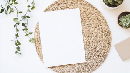 Poster - A minimalist workspace featuring a blank sheet of paper on a woven mat surrounded by potted succulents and greenery.
