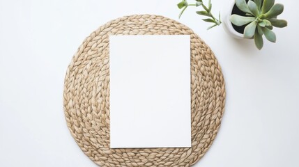 Poster - A blank white sheet rests on a round woven placemat, surrounded by a small potted plant, creating a minimalist and serene aesthetic.