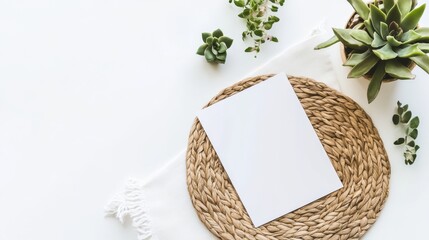 Poster - A minimalist flat lay featuring a blank paper sheet on a woven placemat, accompanied by small potted succulents, creating a serene and inviting atmosphere.