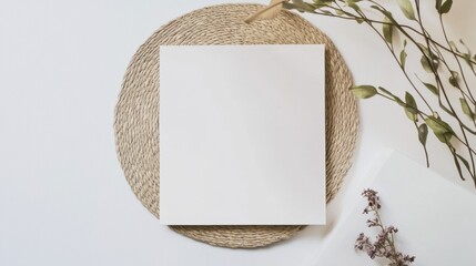 Poster - A blank square canvas placed on a woven mat, surrounded by minimalist decor elements, creating a serene and artistic atmosphere.