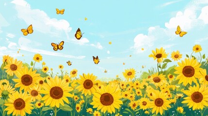Aufkleber - Vibrant sunflowers blooming in a field, with butterflies flying above under a bright summer sky.