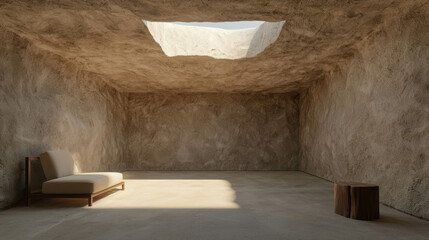 Poster - Minimalist interior design with natural light from skylight in a neutral-toned room