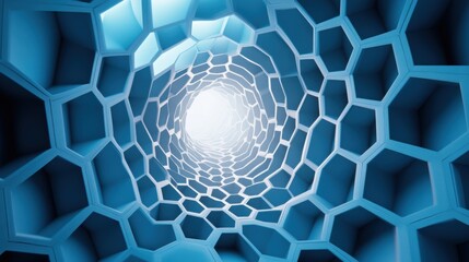 Poster - A mesmerizing blue tunnel of hexagonal shapes converging towards a bright light, creating a feeling of depth and intrigue.