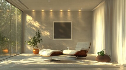 Poster - A serene interior featuring modern furniture, large windows, natural light, and greenery, creating a calming atmosphere.
