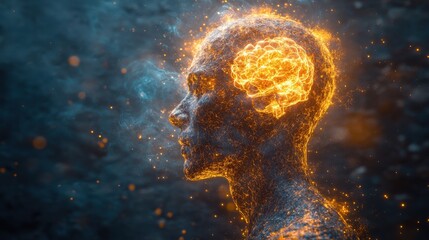 Poster - A striking artistic representation of a human silhouette with a glowing brain, symbolizing creativity and intelligence against a dark, textured background.