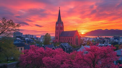 Poster - Vibrant sunset over a city with a church and blossoming trees.