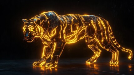 Poster - A futuristic tiger with gold neon circuits shining along its fur. background wallpaper AI generated image