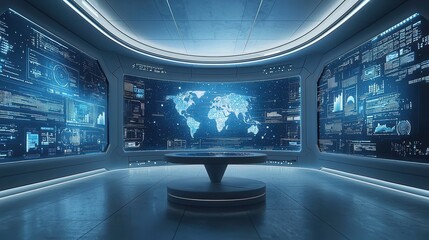 Poster - A futuristic control room with illuminated screens displaying data and a world map, evoking a high-tech, digital environment.