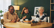 © peopleimages.com - Elderly, women and happy with eating in home with conversation, bonding or wellness with tea party. Senior, people and friends in hospice with talking for relax, support and dessert at dinner table