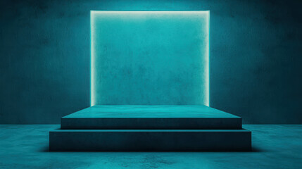 Poster - Futuristic Neon Stage with Glowing Edges in Teal Color for Creative Background Concepts