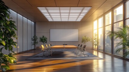 Poster - A modern conference room with large windows, natural light, a wooden table, and plants, creating an inviting and professional atmosphere.