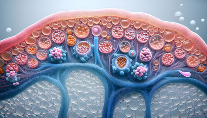 Poster - Abstract microscopic view with colorful cellular structures and bubbles