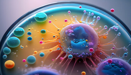 Poster - Colorful abstract representation of cells and bubbles in a petri dish