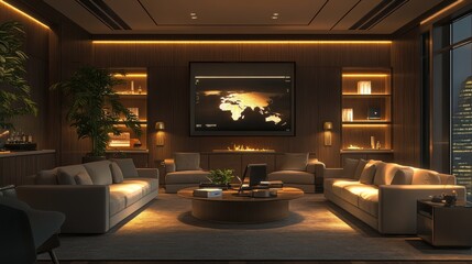 Poster - A modern, stylish lounge with cozy seating, warm lighting, and a large screen displaying a world map, creating an inviting atmosphere.