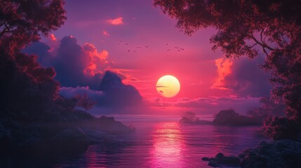 Poster - Vibrant sunset over calm lake, mountains in background, framed by trees.