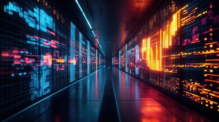 Poster - A futuristic corridor illuminated by colorful digital screens, showcasing data and technology in a sleek, modern environment.