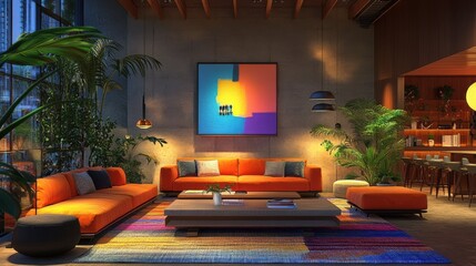 Poster - A modern living room featuring vibrant orange sofas, colorful rugs, and lush greenery, creating a warm, inviting atmosphere with artistic decor.