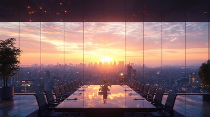 Poster - A modern conference room with a panoramic view of a city skyline at sunset, featuring a large table and stylish chairs.