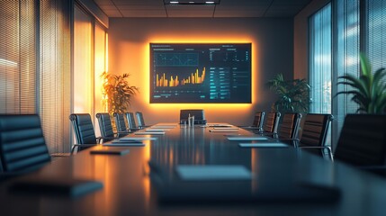 Poster - A modern conference room featuring a long table, ergonomic chairs, large windows, and a digital display showcasing data and analytics.