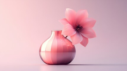 Poster - A delicate pink flower stands in a beautifully curved vase, creating an elegant and serene aesthetic against a soft background.
