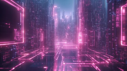 Poster - A futuristic digital cityscape with glowing pink neon lights and intricate grid patterns, creating a vibrant and immersive environment.