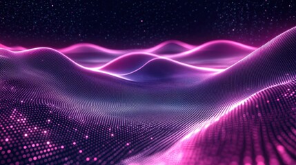 Poster - A vibrant digital landscape featuring glowing pink waves against a dark starry background, creating a futuristic and abstract visual effect.
