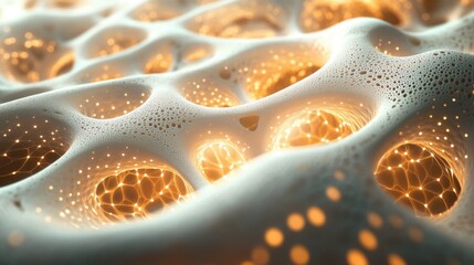 Poster - A close-up view of a textured, organic surface with glowing holes, resembling a biological structure or abstract art.