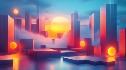 Poster - a vibrant, surreal cityscape featuring glowing geometric structures and a large sun setting in a col