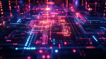 Poster - A vibrant digital circuit board with glowing lines and nodes, showcasing intricate patterns and a high-tech aesthetic.