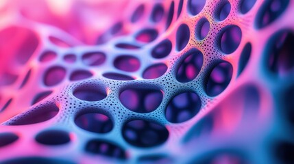 Poster - A vibrant, abstract close-up of a textured surface featuring intricate holes and a colorful gradient of pink and blue hues.