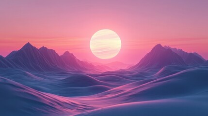 Poster - a serene landscape featuring rolling mountains and a glowing sun, bathed in hues of pink and purple,