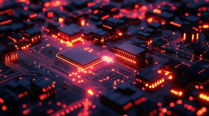 Poster - A close-up view of a circuit board illuminated with red lights, showcasing intricate electronic components and connections.
